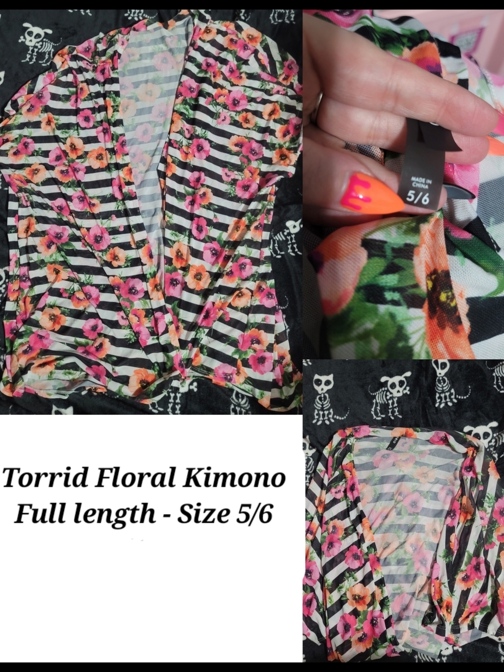 torrid Black Striped Kimono with Pink & Orange Floral Print